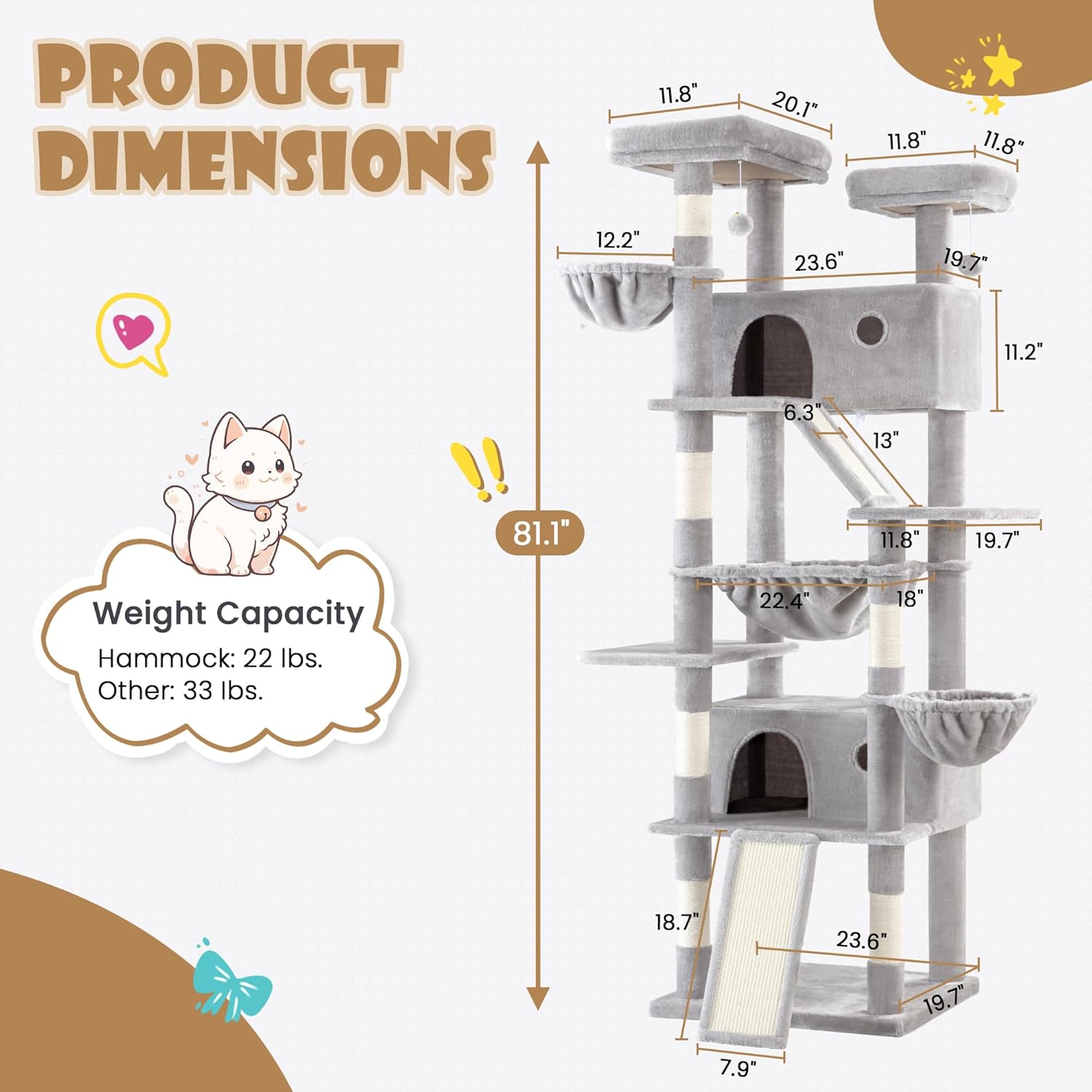 81" Multi-Level Cat Tree with Hammock, Scratching Posts & Cozy Perches – Perfect for Large Cats (Available in Multiple Colors)